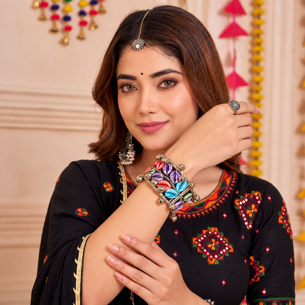 Desi-Pop Hand-Painted Cowrie Shell & Silver Broad Cuff