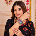 Desi-Pop Hand-Painted Cowrie Shell & Silver Broad Cuff