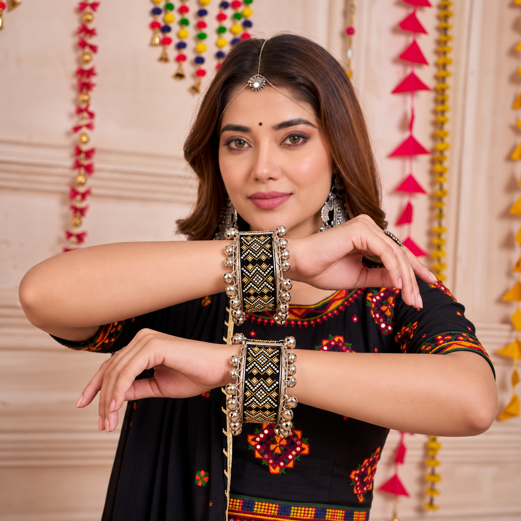 Desi Drama Geometric Bead & Ghungroo Broad Cuff