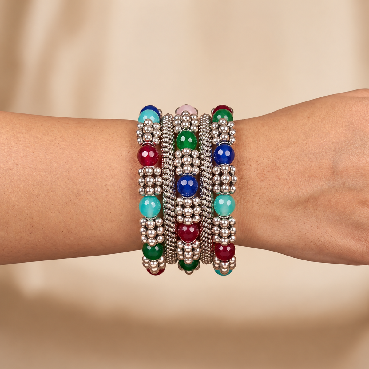 Full-To-Desi Faceted Bead Stacked Kada Set.