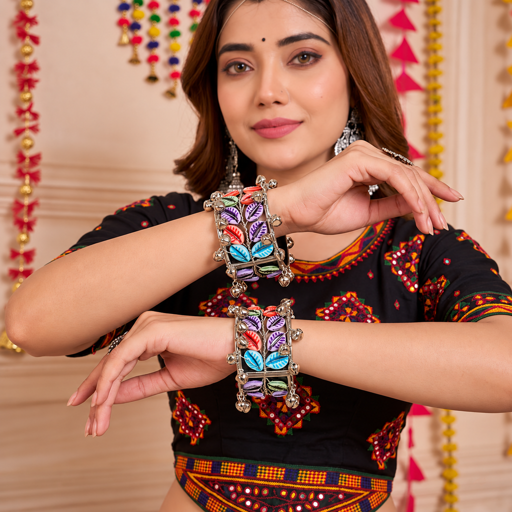 Desi-Pop Hand-Painted Cowrie Shell & Silver Broad Cuff
