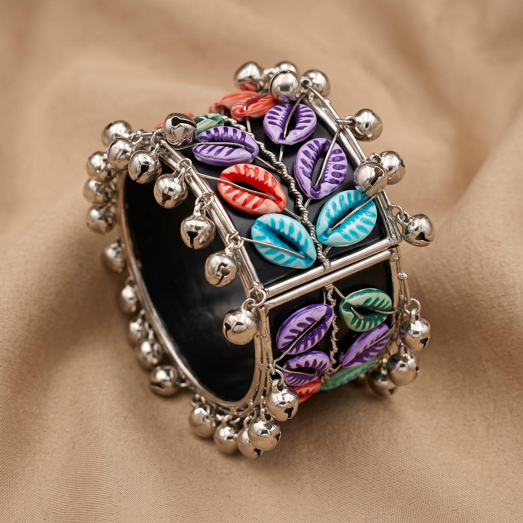 Desi-Pop Hand-Painted Cowrie Shell & Silver Broad Cuff