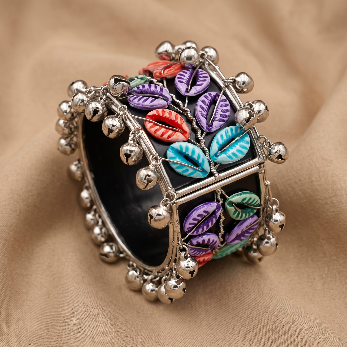 Desi-Pop Hand-Painted Cowrie Shell & Silver Broad Cuff