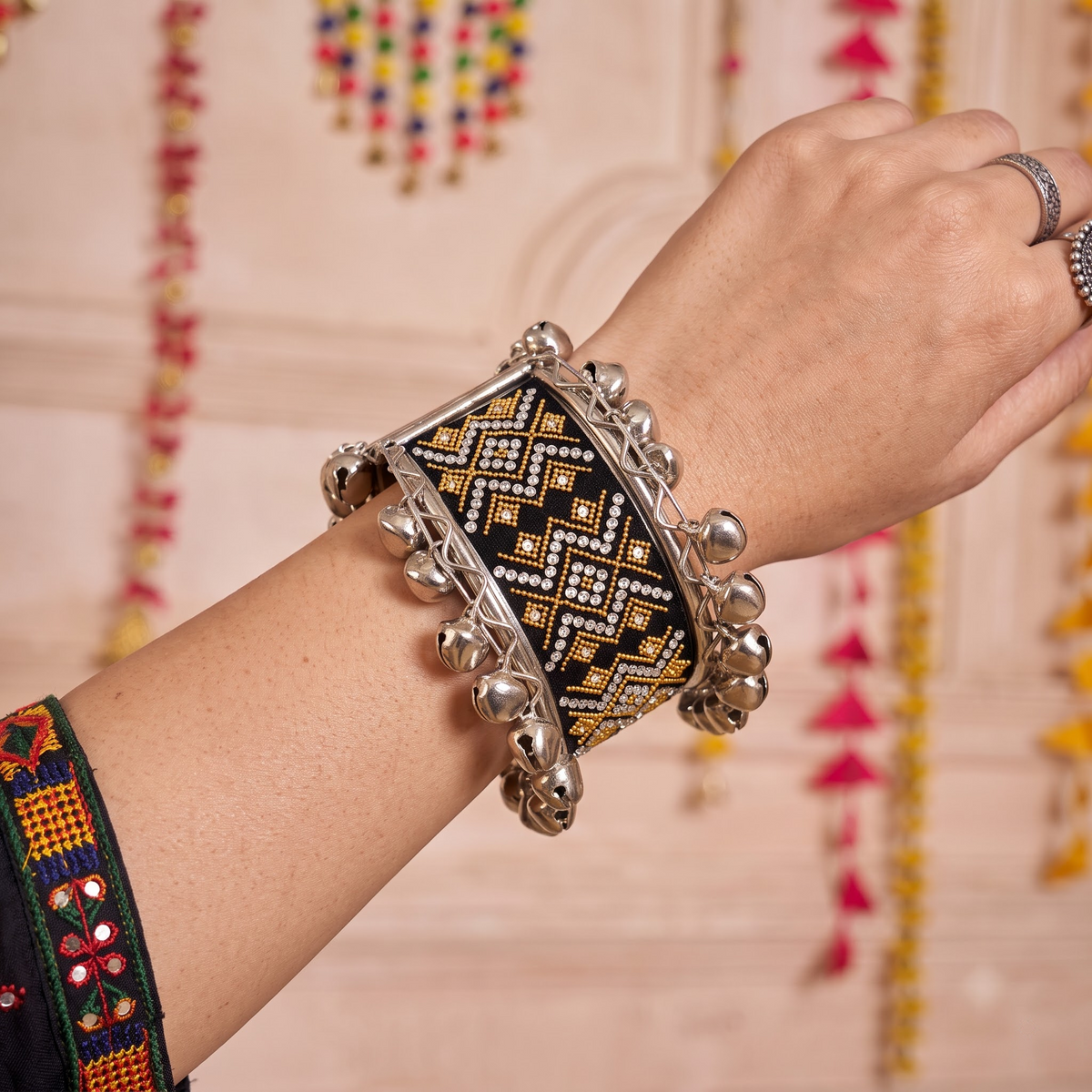 Desi Drama Geometric Bead & Ghungroo Broad Cuff