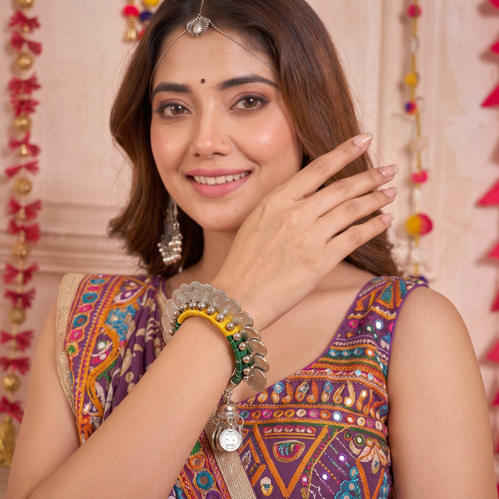 Desi-Drip Coin & Ghungroo Silk Bangle
