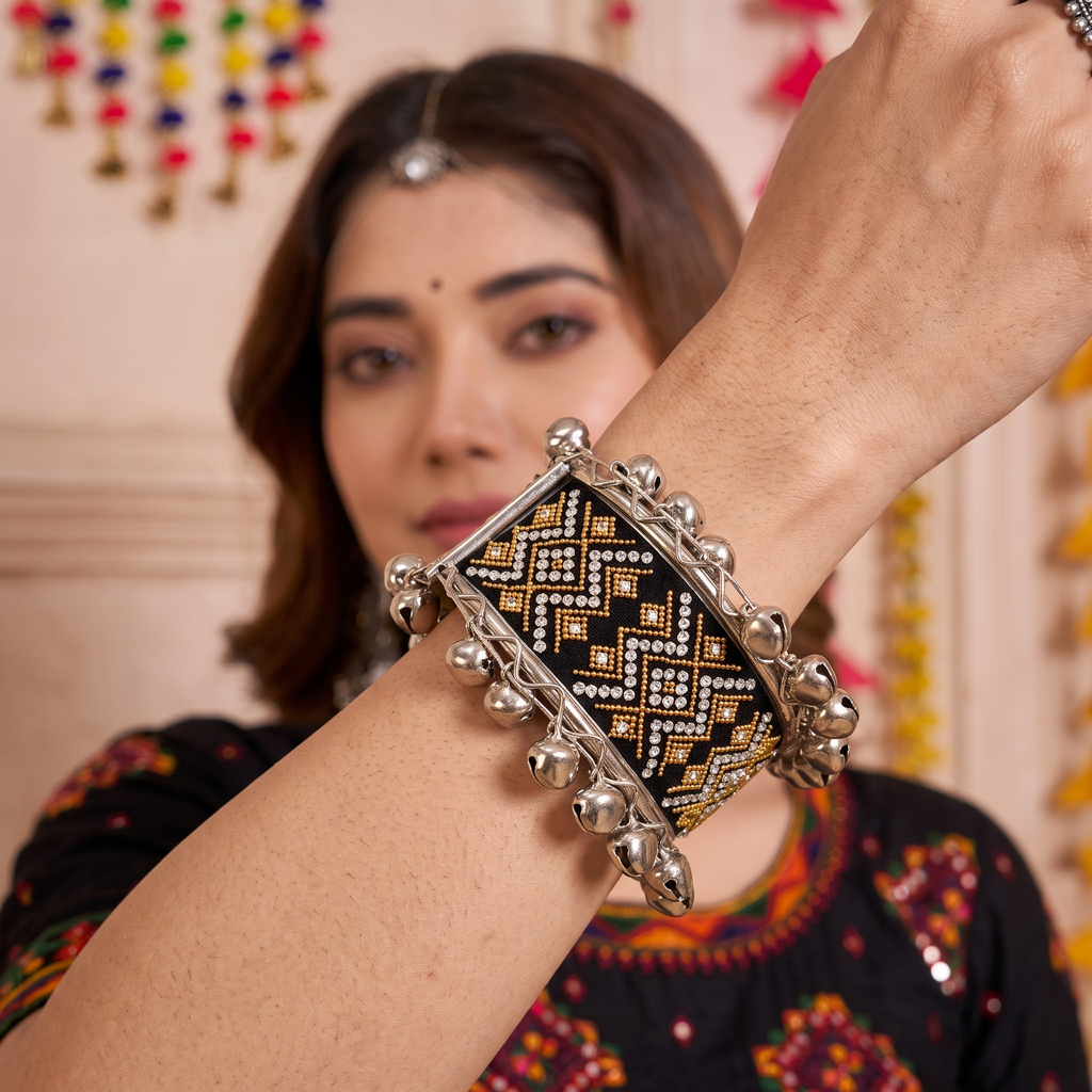 Desi Drama Geometric Bead & Ghungroo Broad Cuff