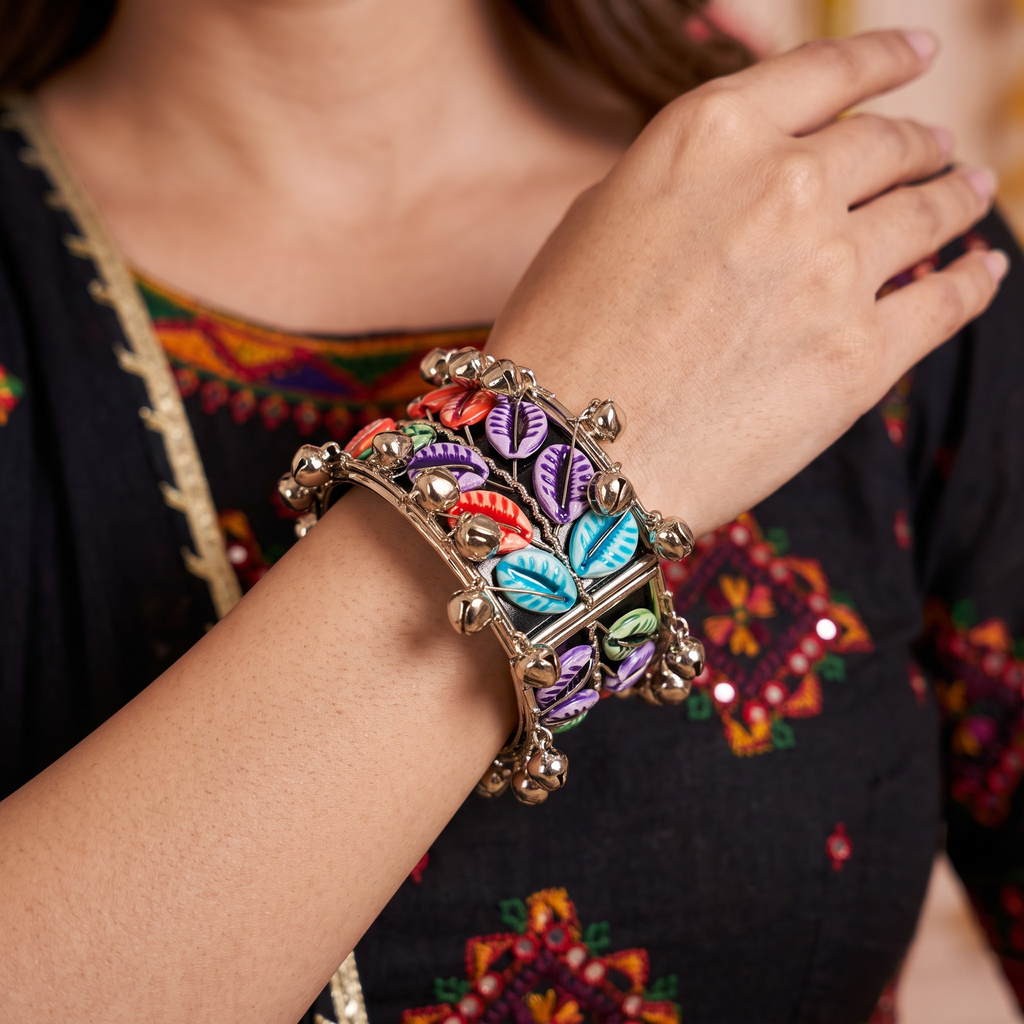 Desi-Pop Hand-Painted Cowrie Shell & Silver Broad Cuff