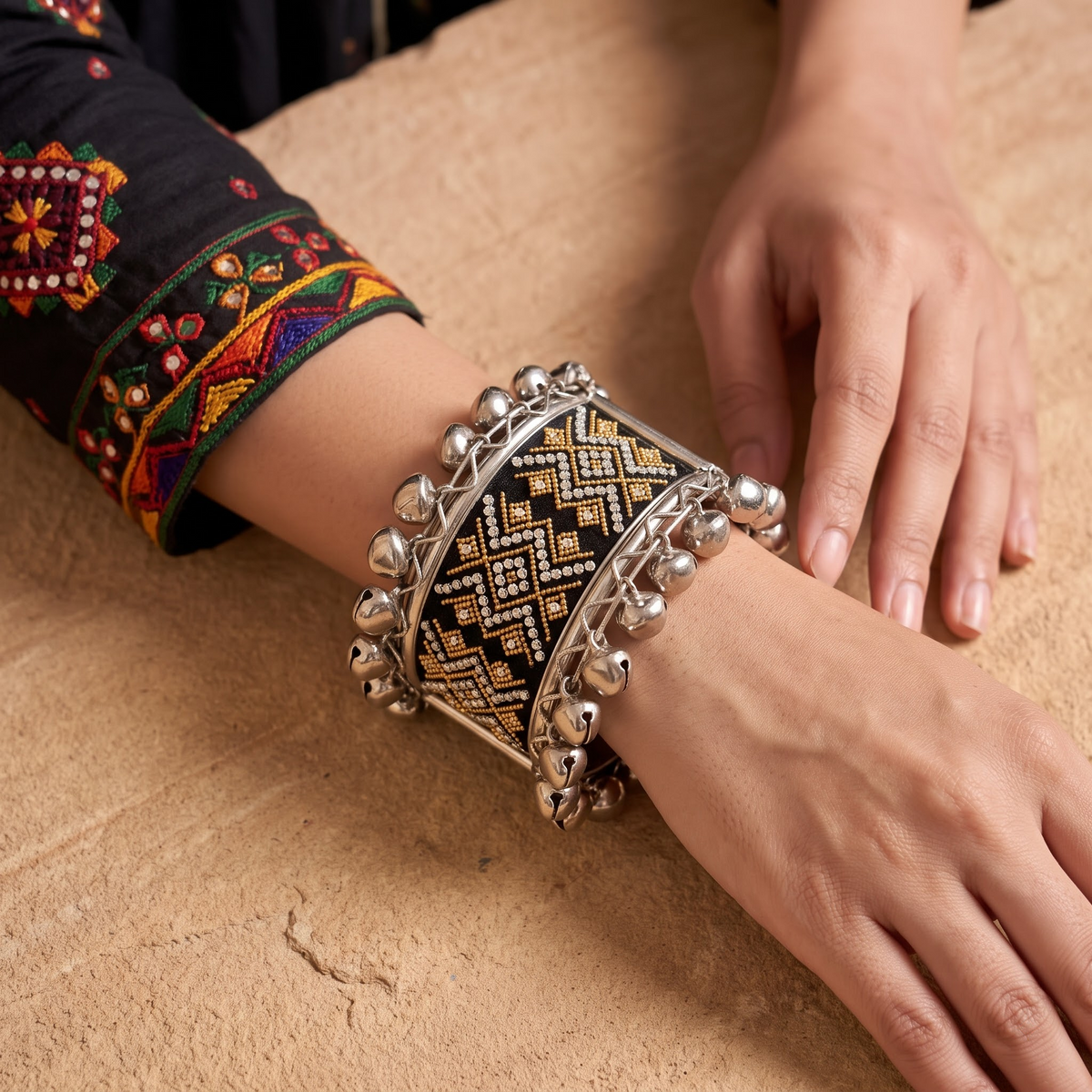 Desi Drama Geometric Bead & Ghungroo Broad Cuff