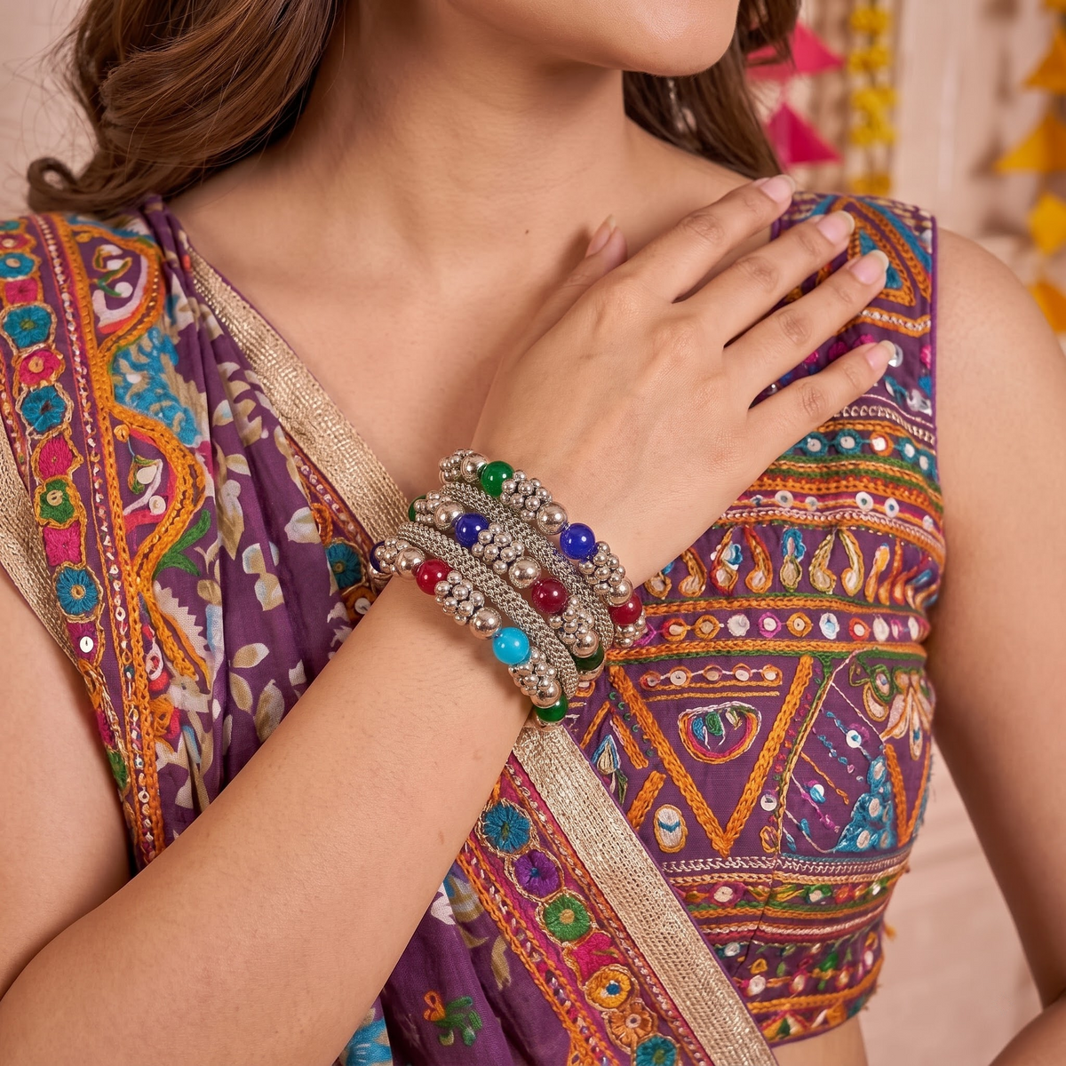 Full-To-Desi Faceted Bead Stacked Kada Set.