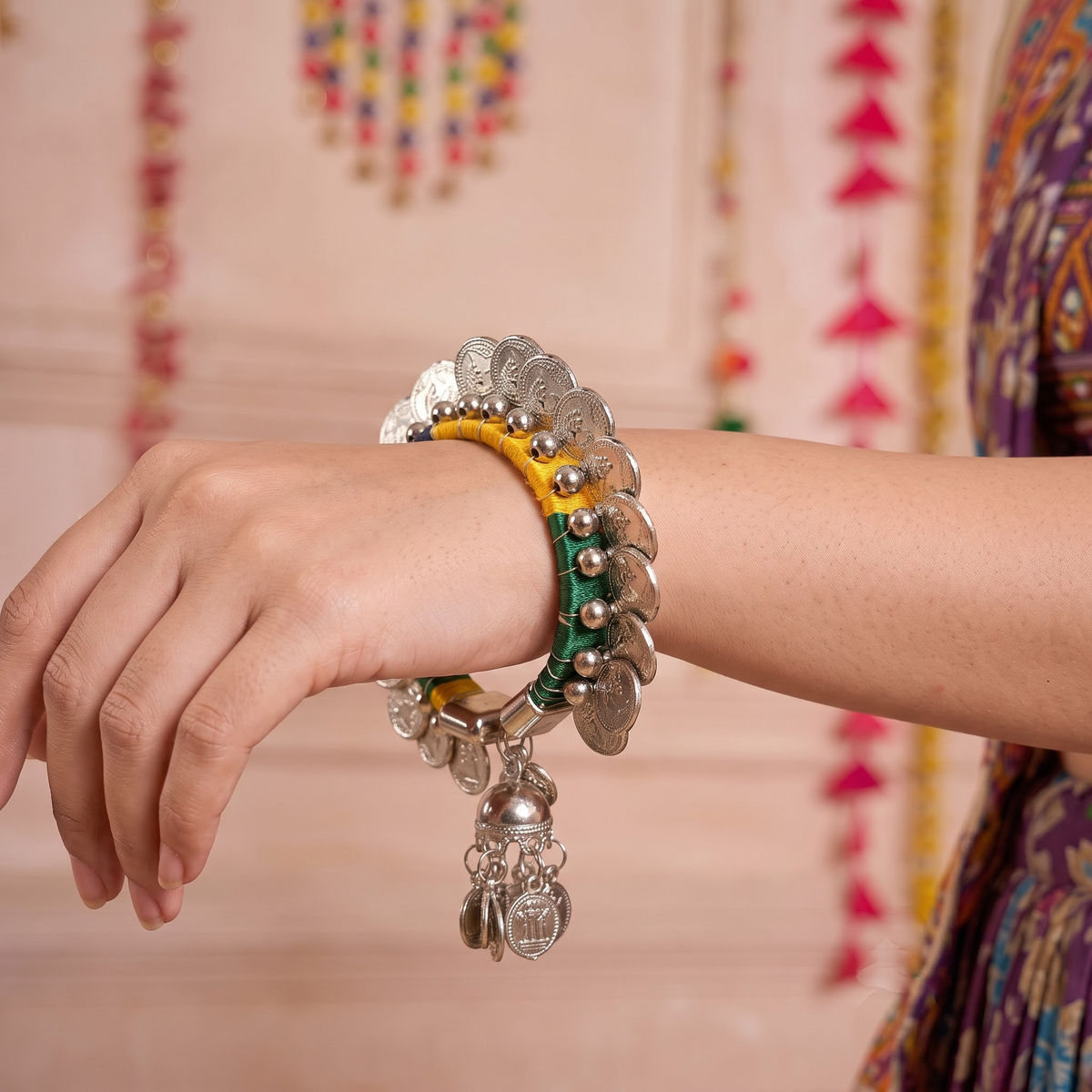 Desi-Drip Coin & Ghungroo Silk Bangle